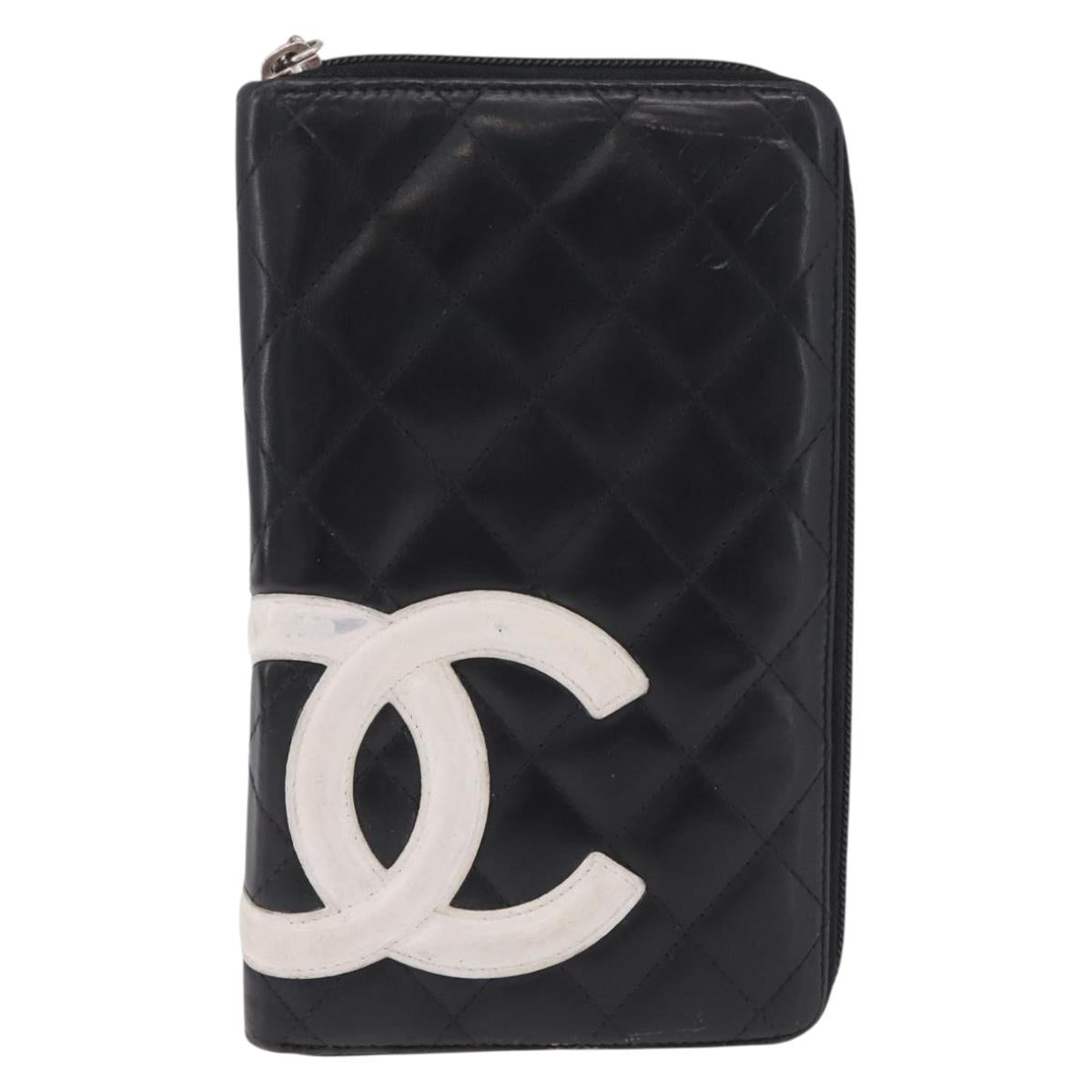 CHANEL Matelasse Cambon Line Long Wallet Lamb Skin Black Silver CC Auth 212124