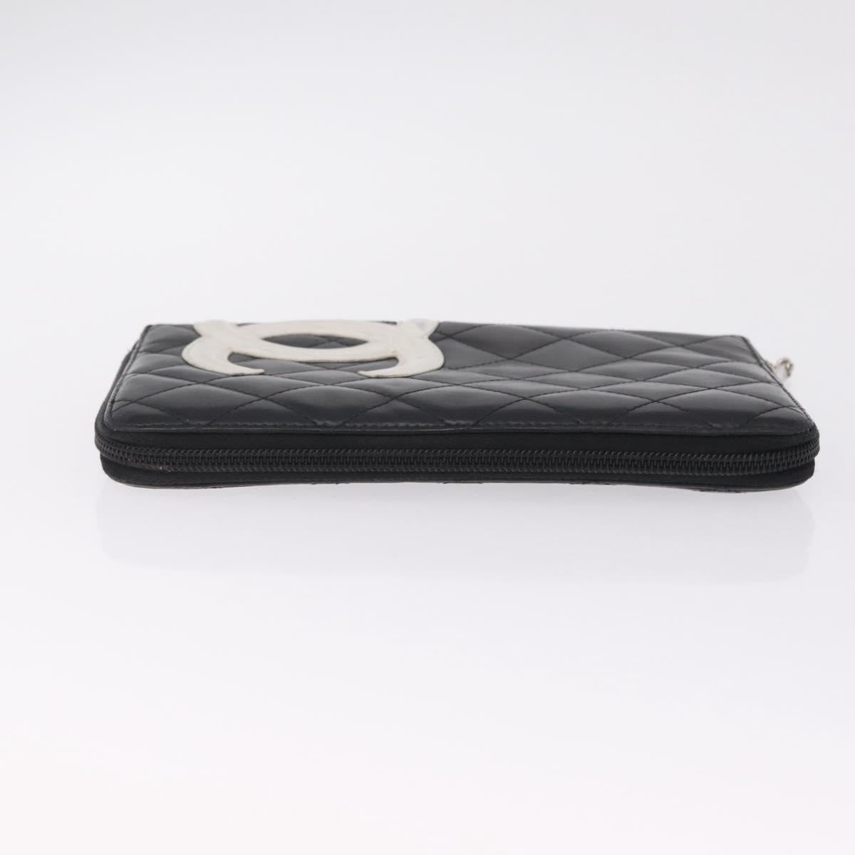 CHANEL Matelasse Cambon Line Long Wallet Lamb Skin Black Silver CC Auth 212124