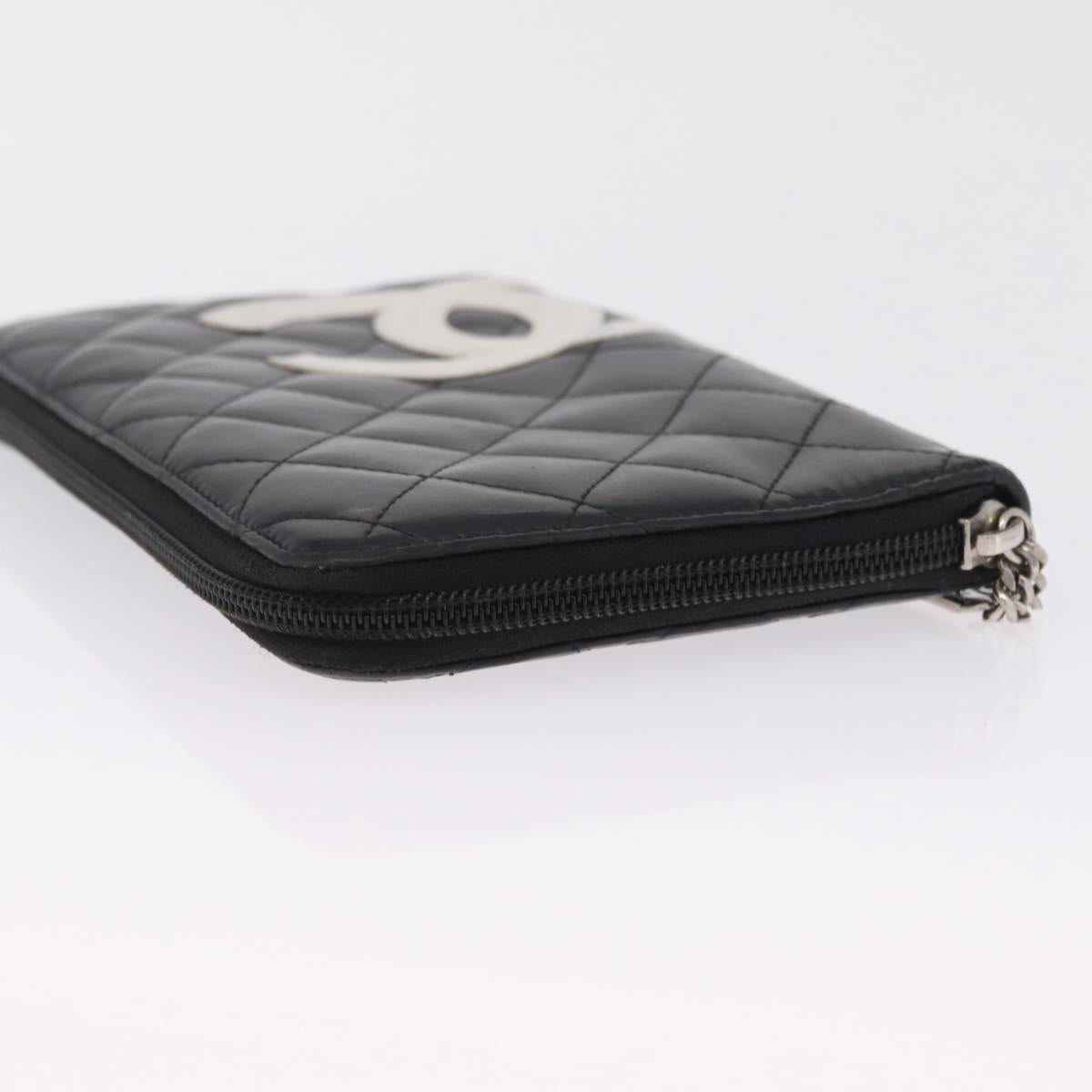 CHANEL Matelasse Cambon Line Long Wallet Lamb Skin Black Silver CC Auth 212124