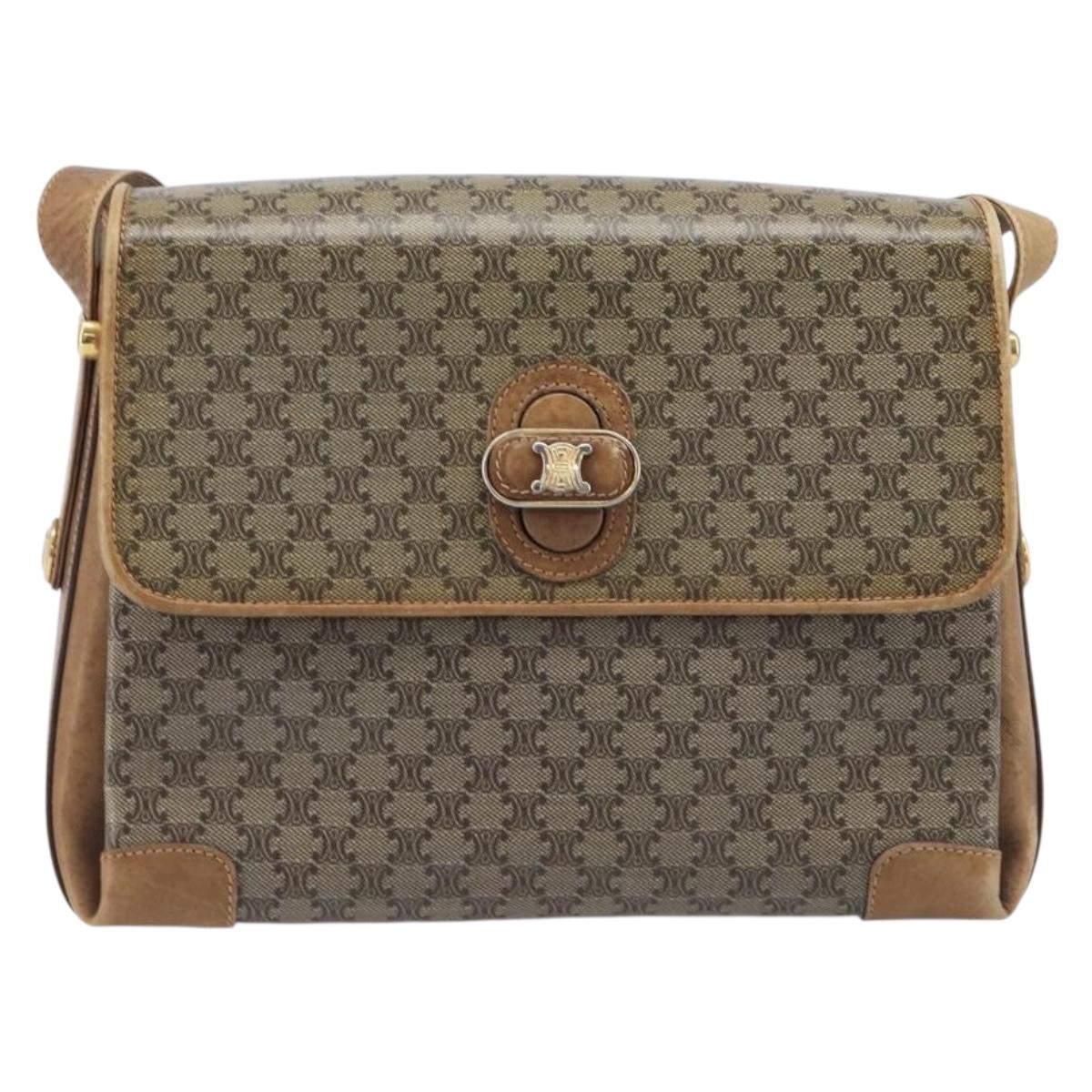 CELINE Macadam Canvas Shoulder Bag PVC Beige Gold Auth 212139A