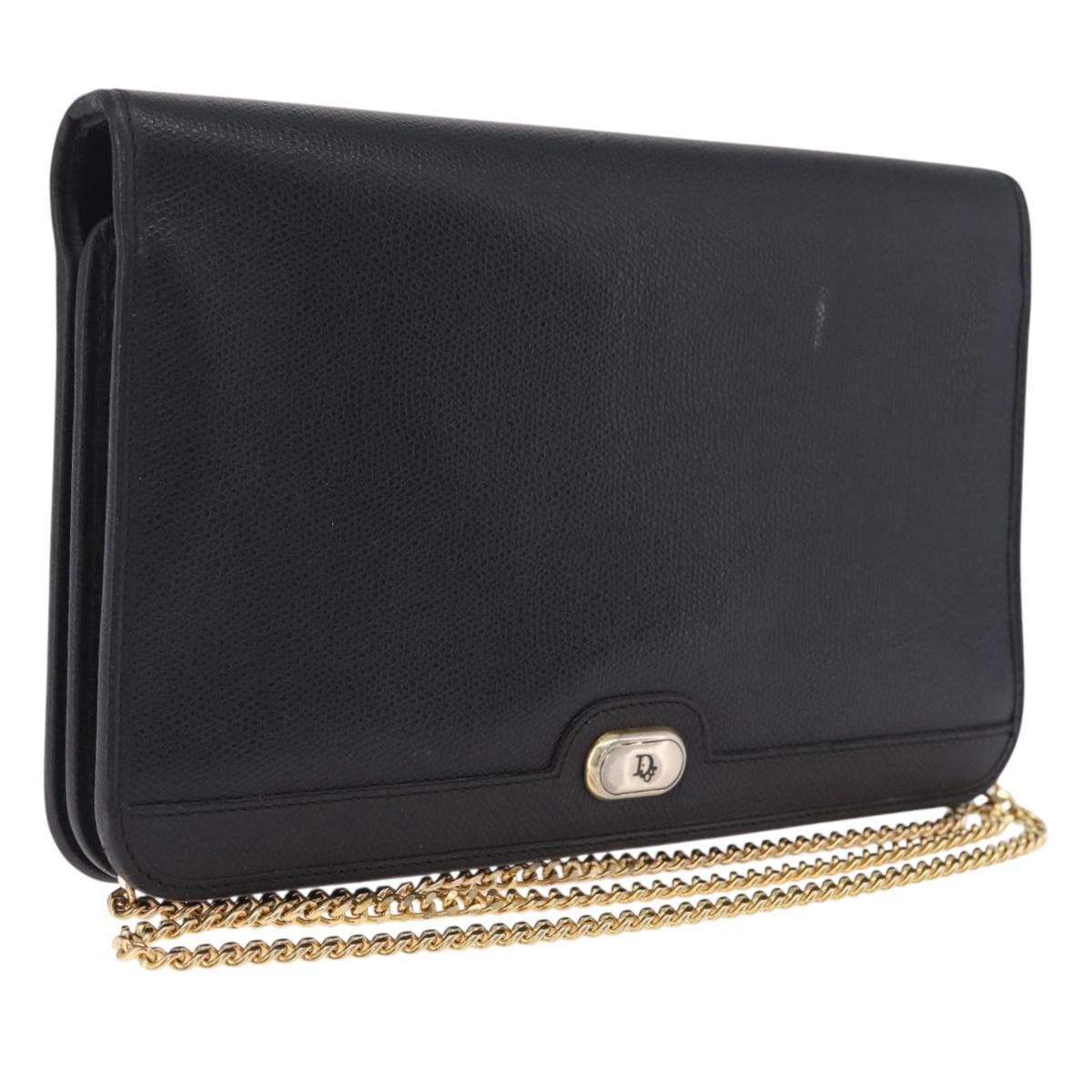 Christian Dior Chain Shoulder Bag Leather Black Gold Auth 212141A