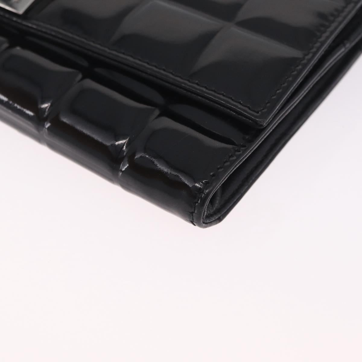 CHANEL Choco Bar line Long Wallet Patent Leather Black Silver CC Auth 212148A