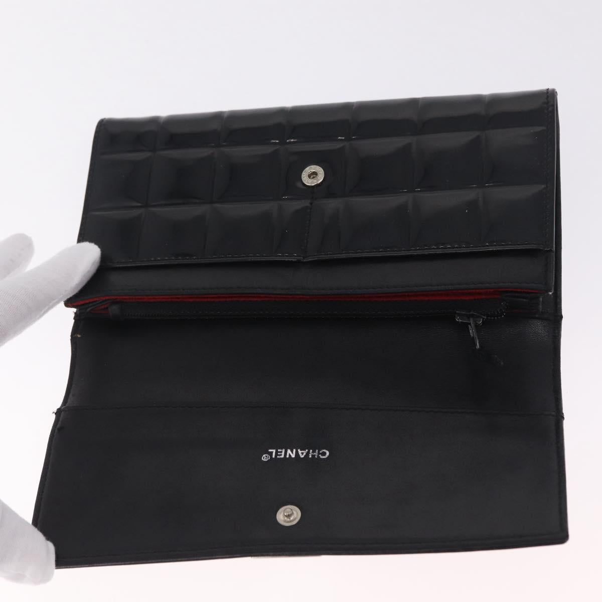 CHANEL Choco Bar line Long Wallet Patent Leather Black Silver CC Auth 212148A