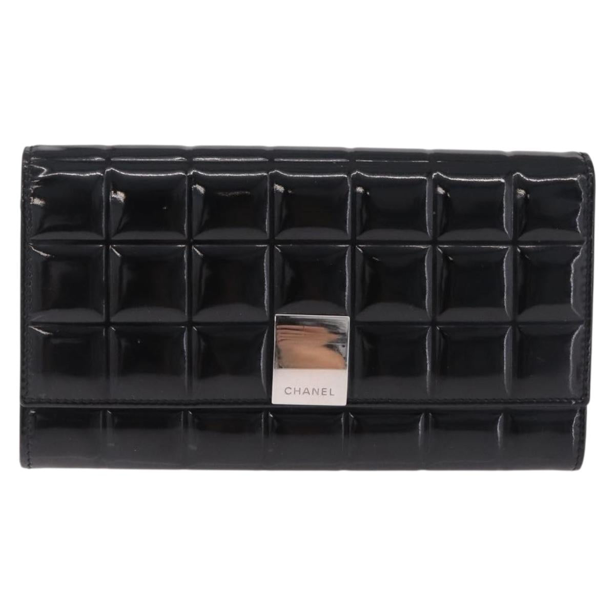 CHANEL Choco Bar line Long Wallet Patent Leather Black Silver CC Auth 212148A