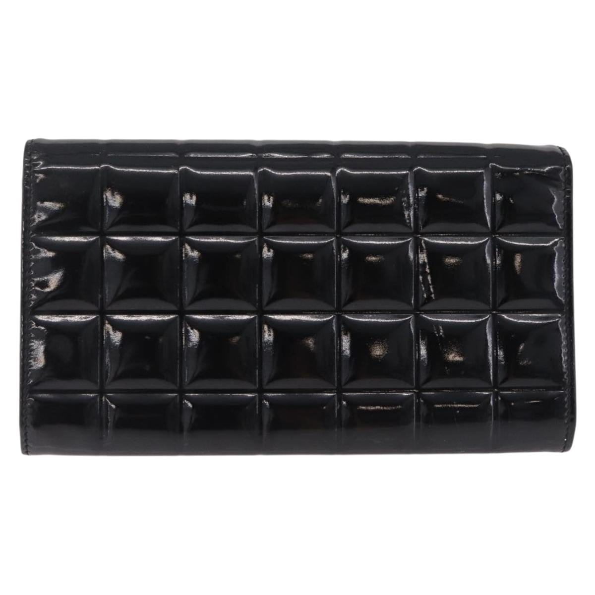 CHANEL Choco Bar line Long Wallet Patent Leather Black Silver CC Auth 212148A