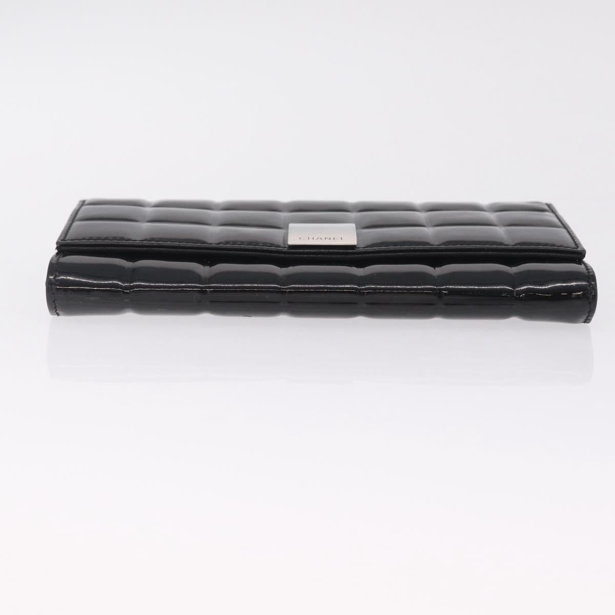 CHANEL Choco Bar line Long Wallet Patent Leather Black Silver CC Auth 212148A