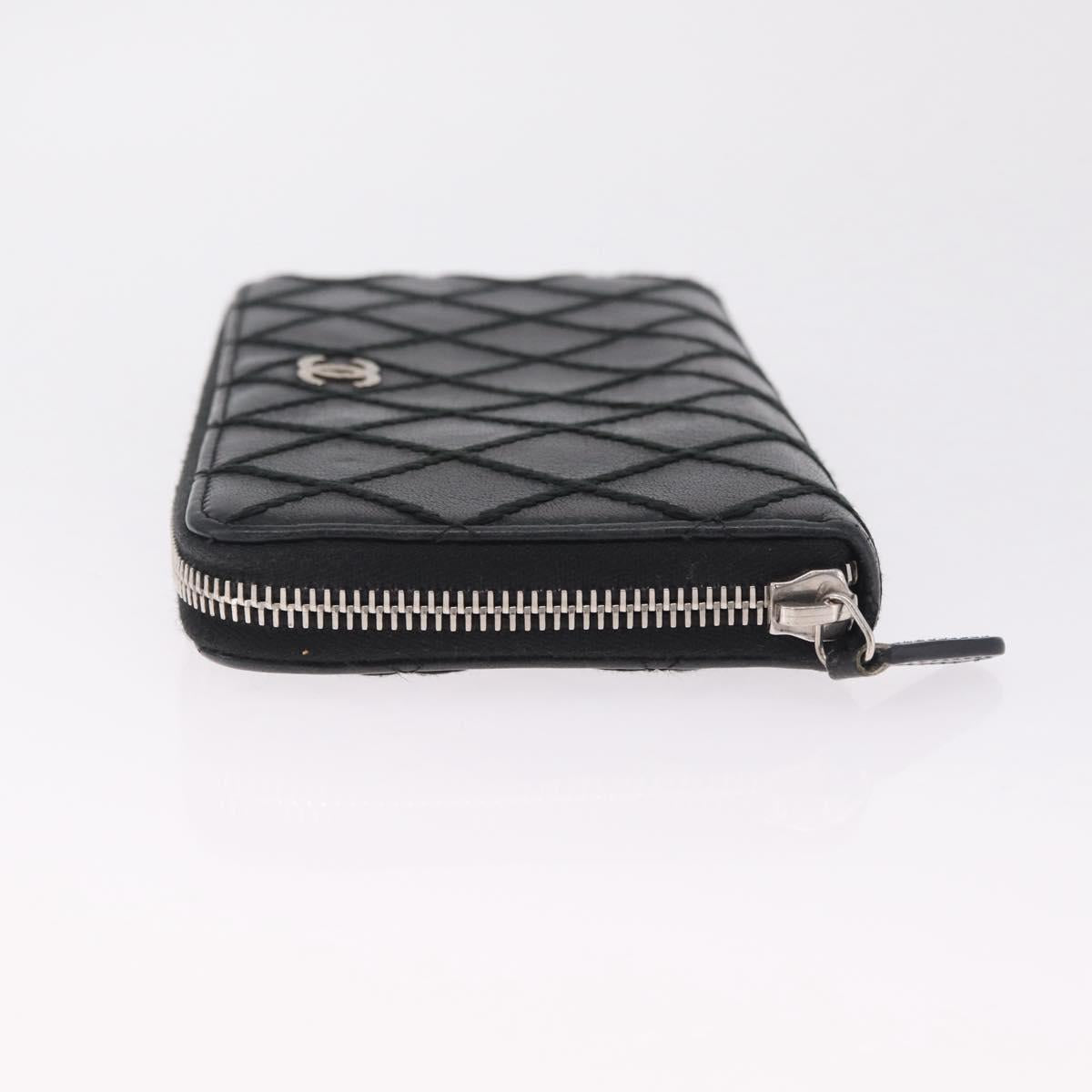 CHANEL Wild Stitch Long Wallet Leather Black Silver CC Auth 212153V
