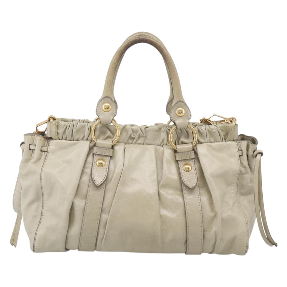 Miu Miu Hand Bag Leather 2way Beige Gold Auth 212414A