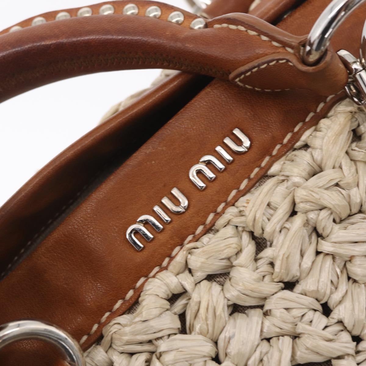 Miu Miu Hand Bag leather Straw 2way Beige Silver Auth 212426M