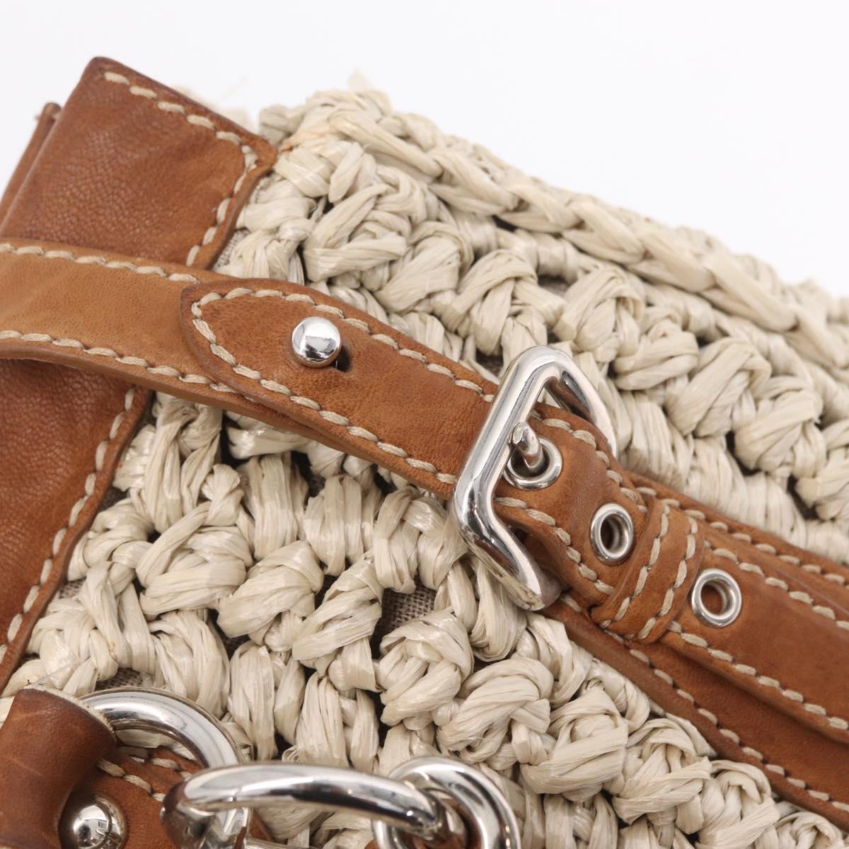 Miu Miu Hand Bag leather Straw 2way Beige Silver Auth 212426M