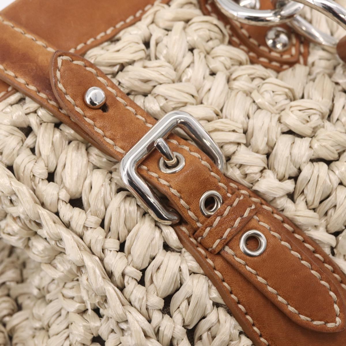 Miu Miu Hand Bag leather Straw 2way Beige Silver Auth 212426M