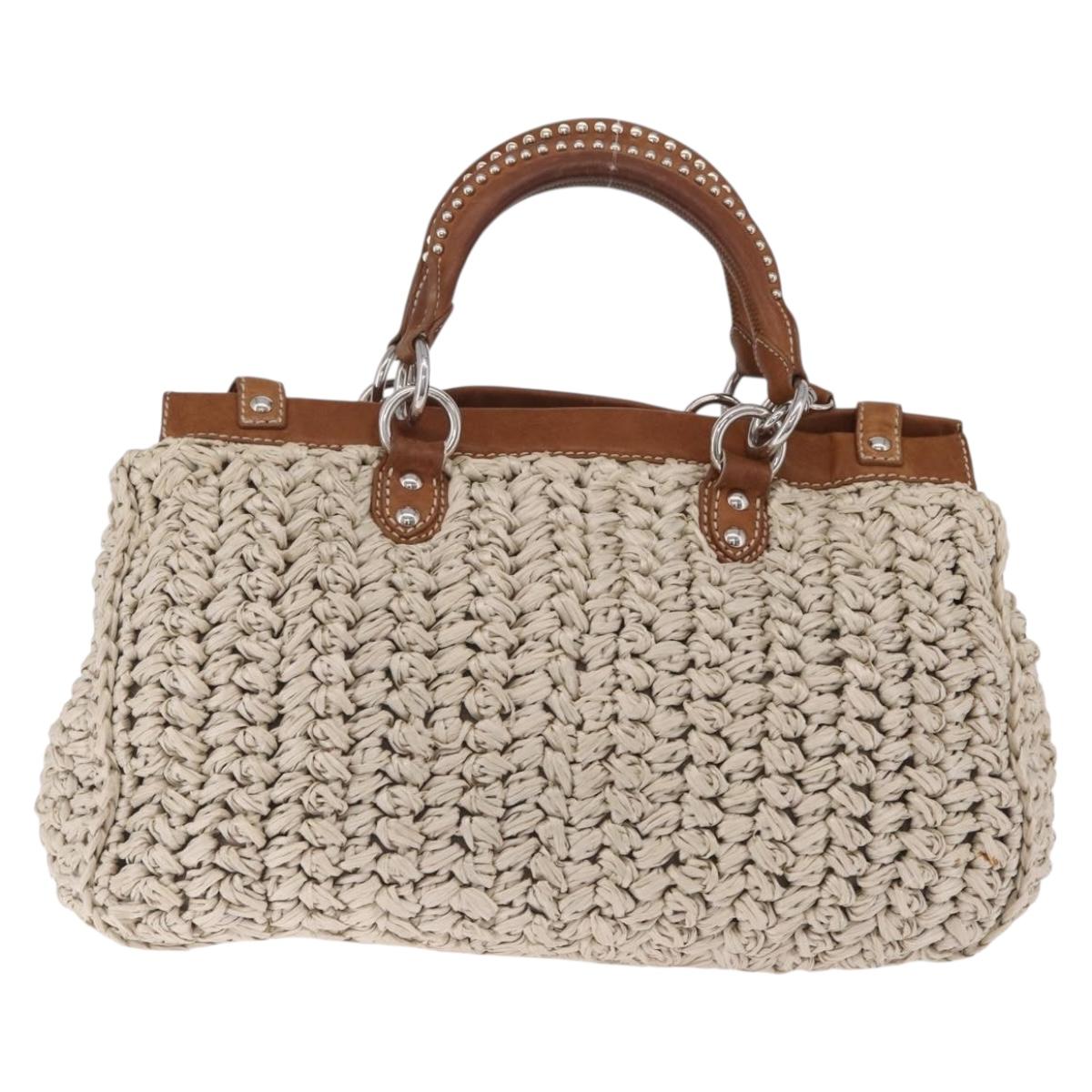 Miu Miu Hand Bag leather Straw 2way Beige Silver Auth 212426M