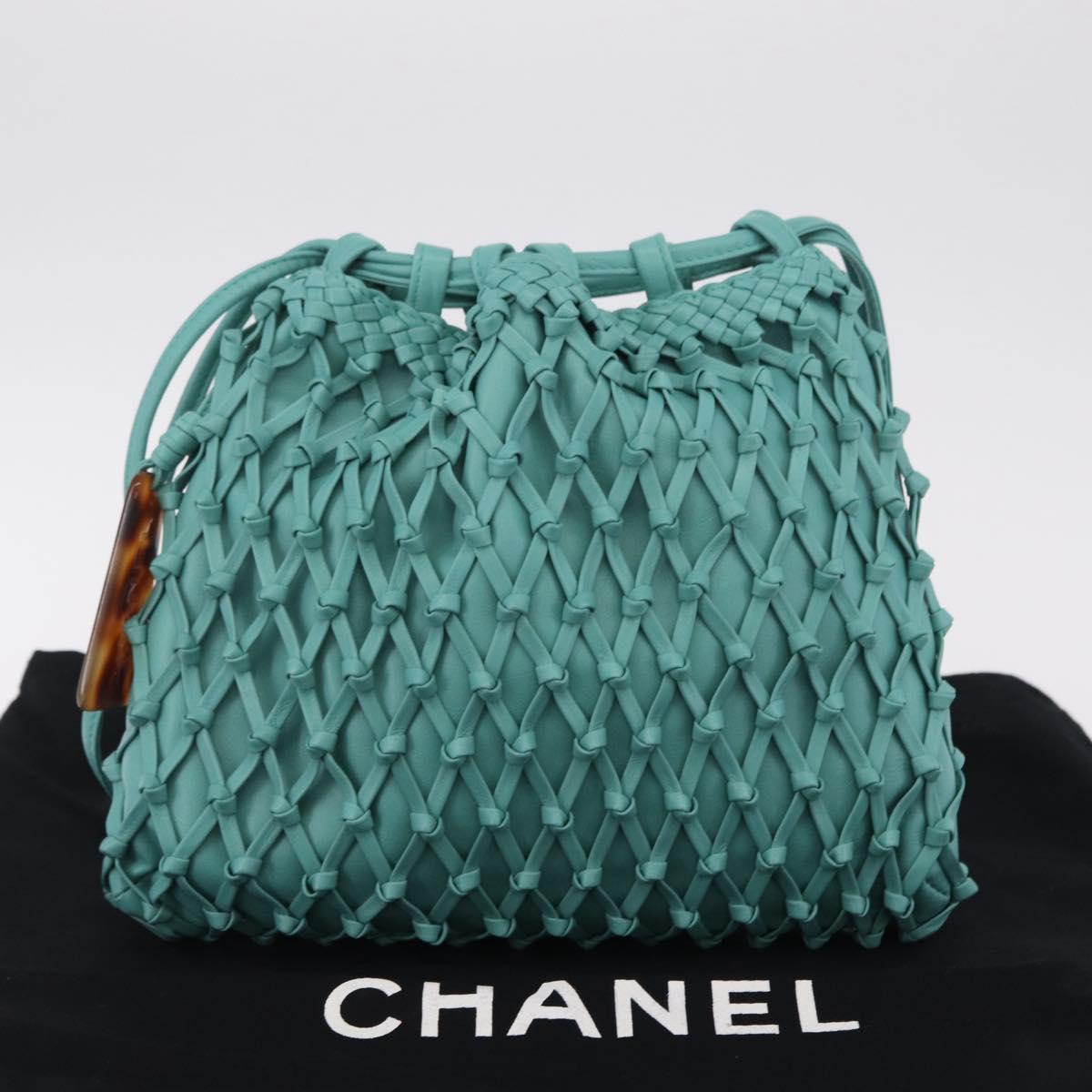 CHANEL Drawstring Shoulder Bag Lamb Skin Green CC Auth 212436SM