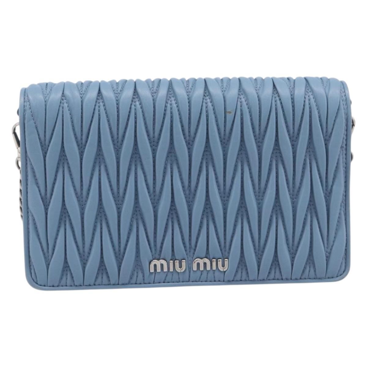 Miu Miu Matelasse Chain Shoulder Bag Leather Silver Light Blue Auth 212448SAM