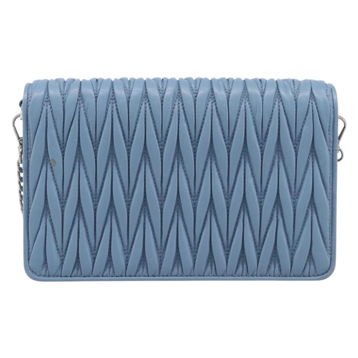 Miu Miu Matelasse Chain Shoulder Bag Leather Silver Light Blue Auth 212448SAM