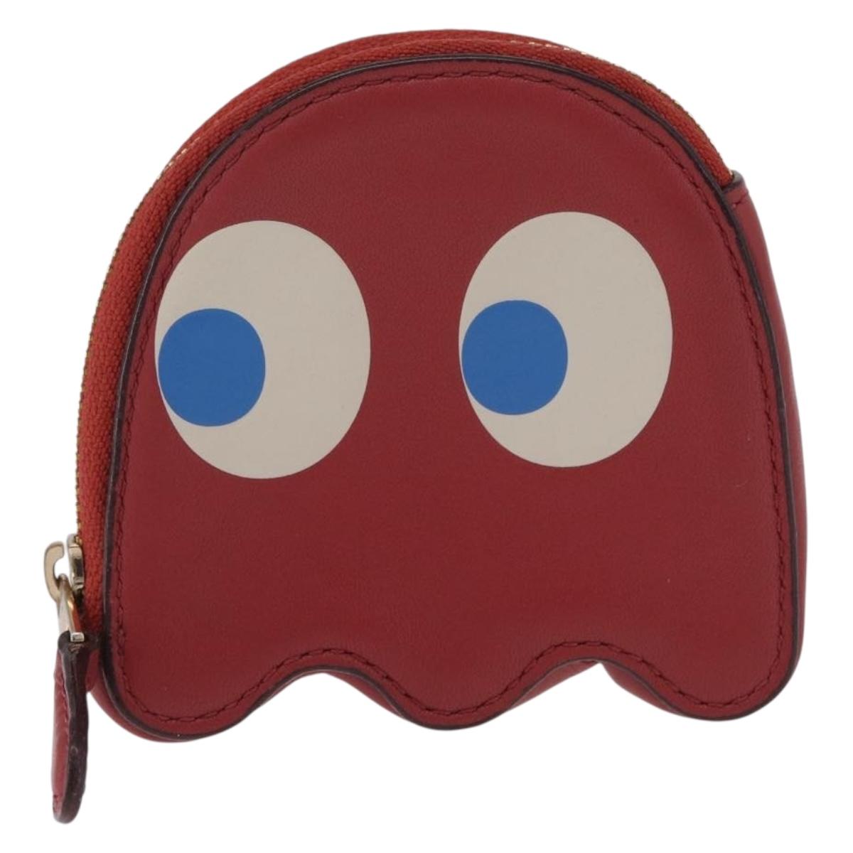 Coach x PAC MAN Coin Purse Leather Red Gold Auth 212473A