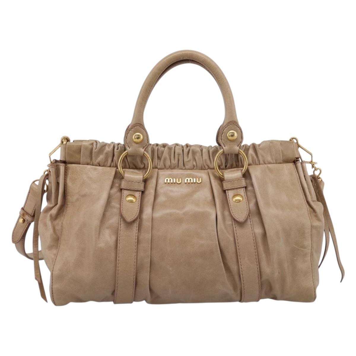 Miu Miu Hand Bag Leather 2way Beige Gold Auth 212492M