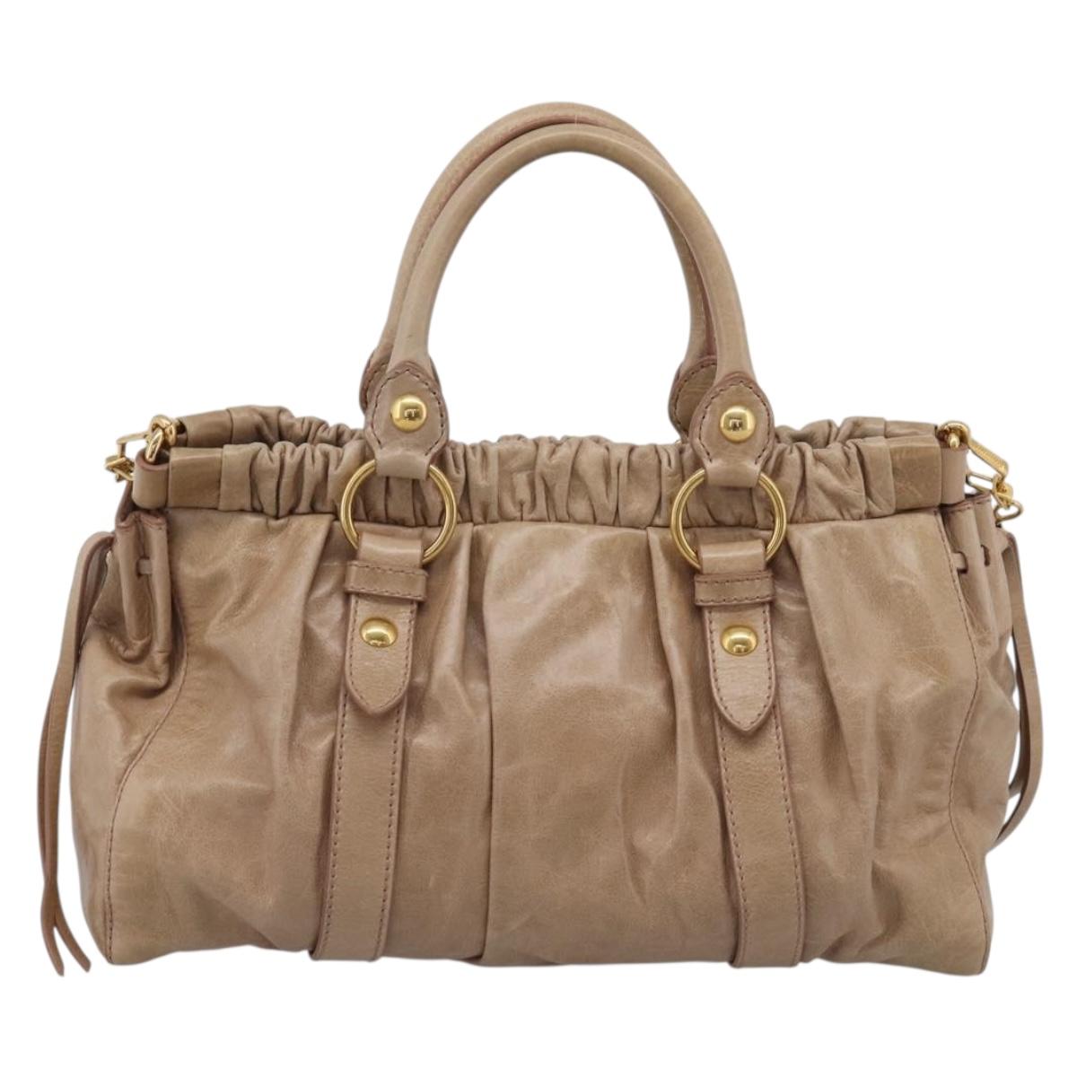 Miu Miu Hand Bag Leather 2way Beige Gold Auth 212492M