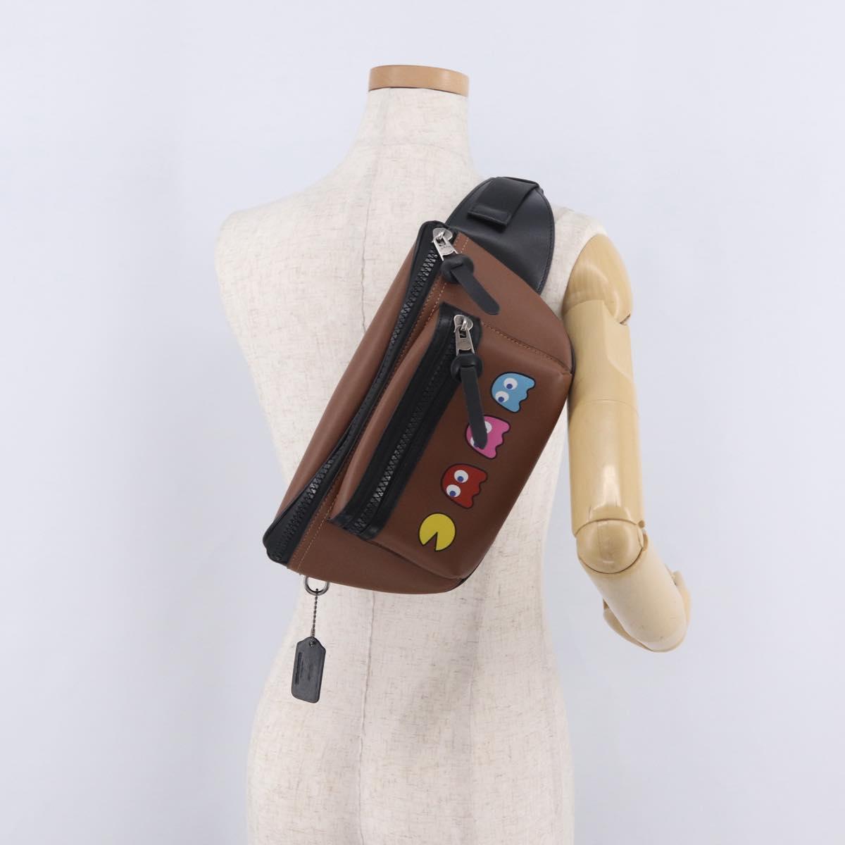 Coach x PAC MAN Waist Bag Leather Brown Silver Auth 212493M