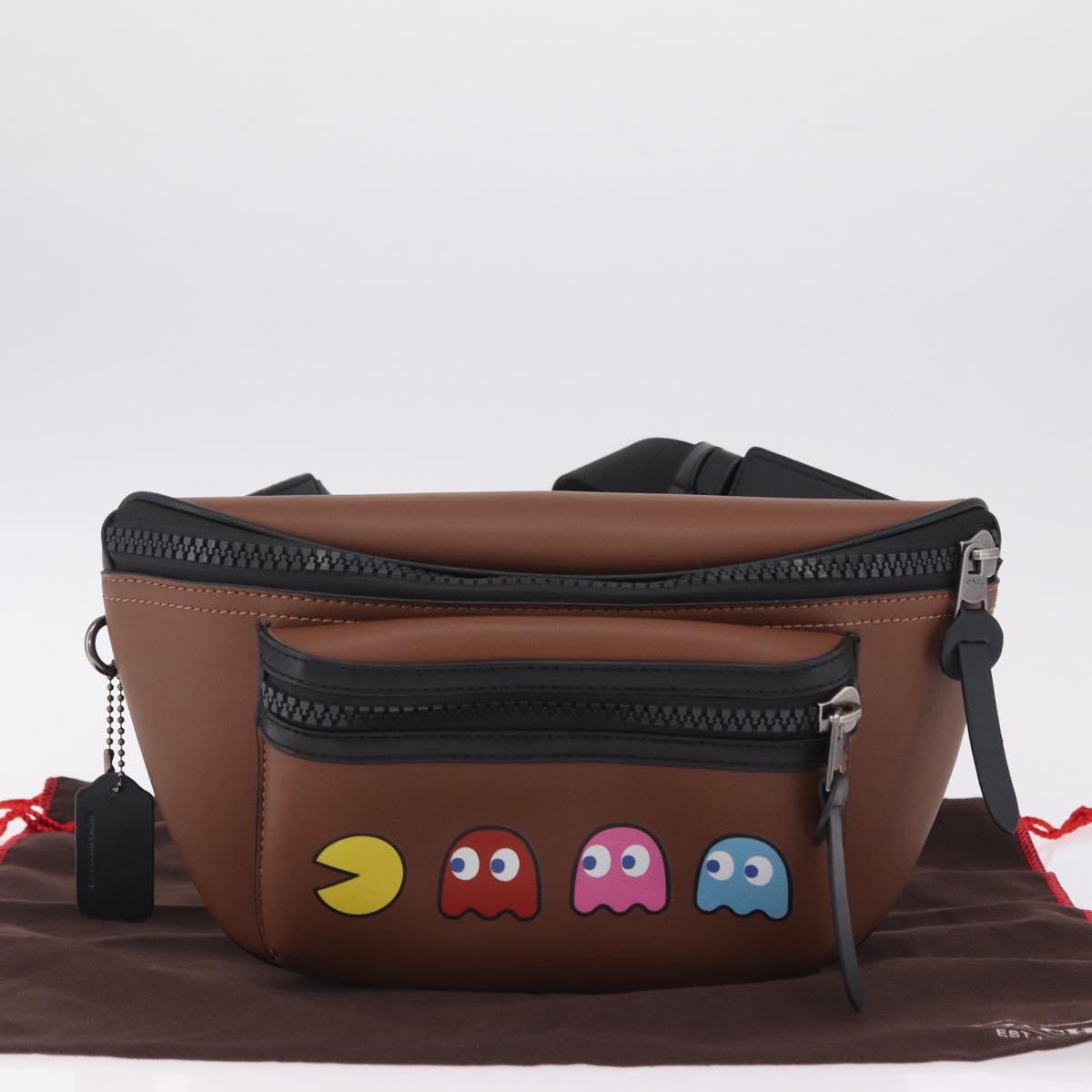 Coach x PAC MAN Waist Bag Leather Brown Silver Auth 212493M