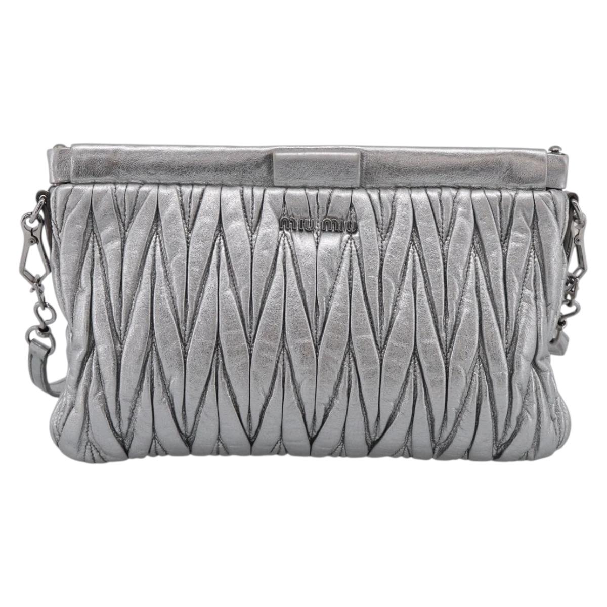 Miu Miu Matelasse Shoulder Bag Leather Silver Auth 212499V