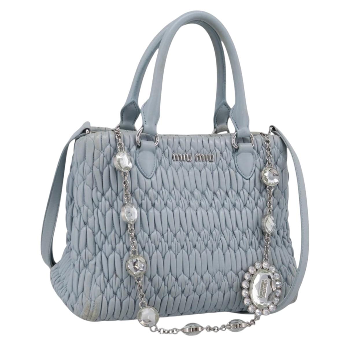Miu Miu Matelasse Hand Bag Leather 2way Light Blue Silver Auth 212701A