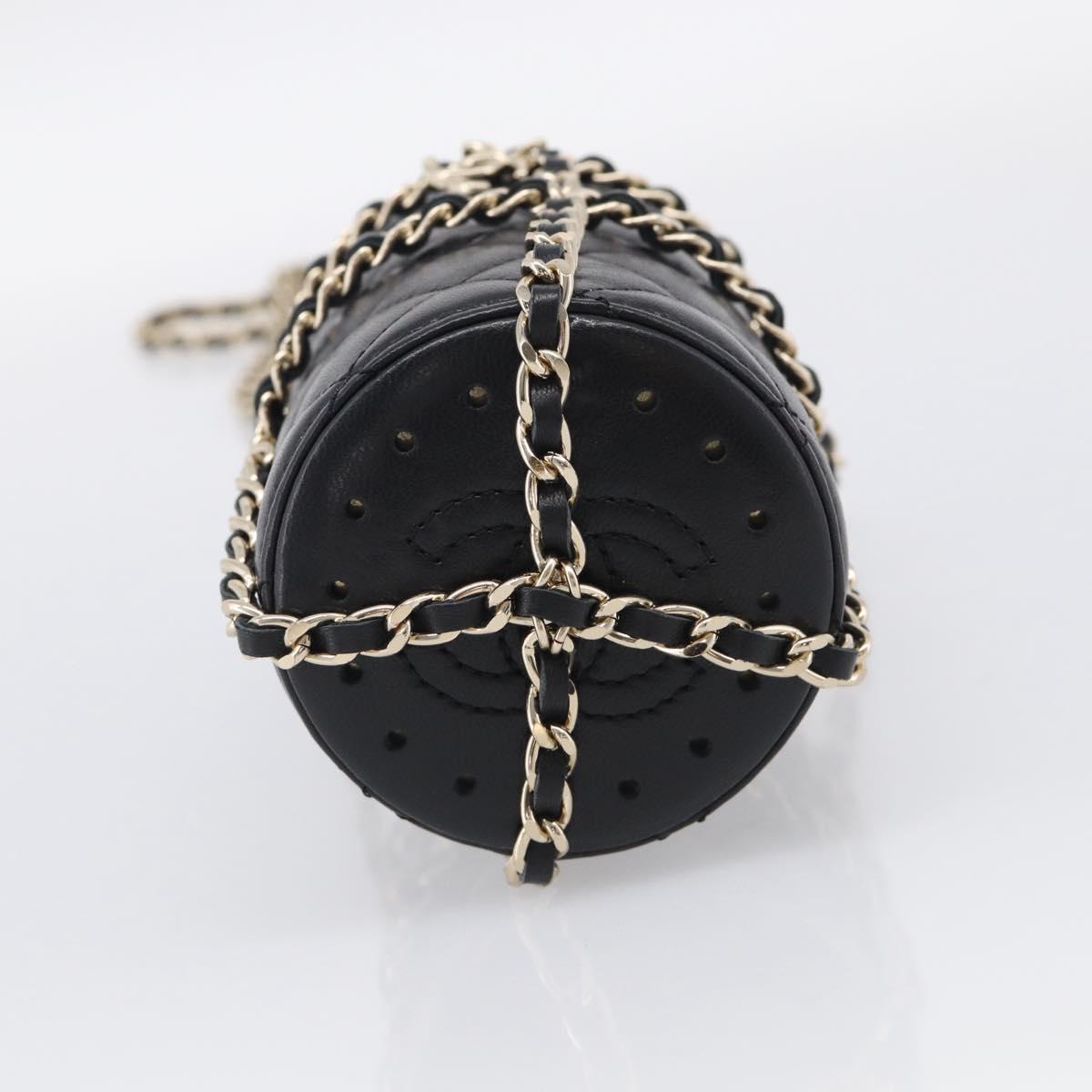 CHANEL COCO Mark Quilted Water Bottle Leather Black Gold CC Auth 212714SM