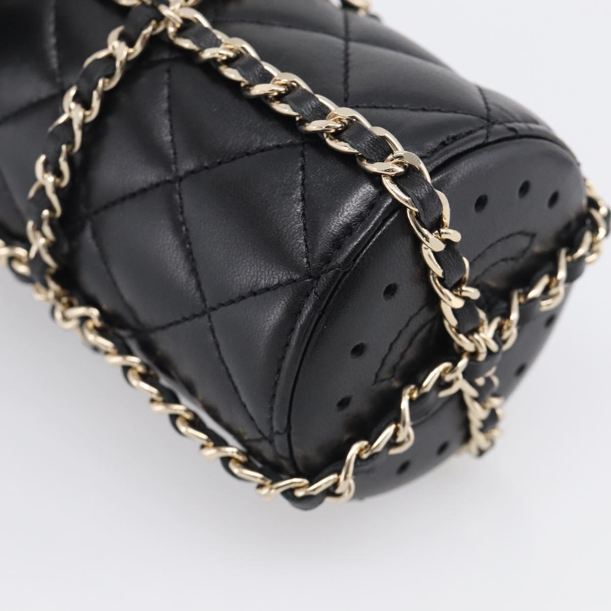 CHANEL COCO Mark Quilted Water Bottle Leather Black Gold CC Auth 212714SM