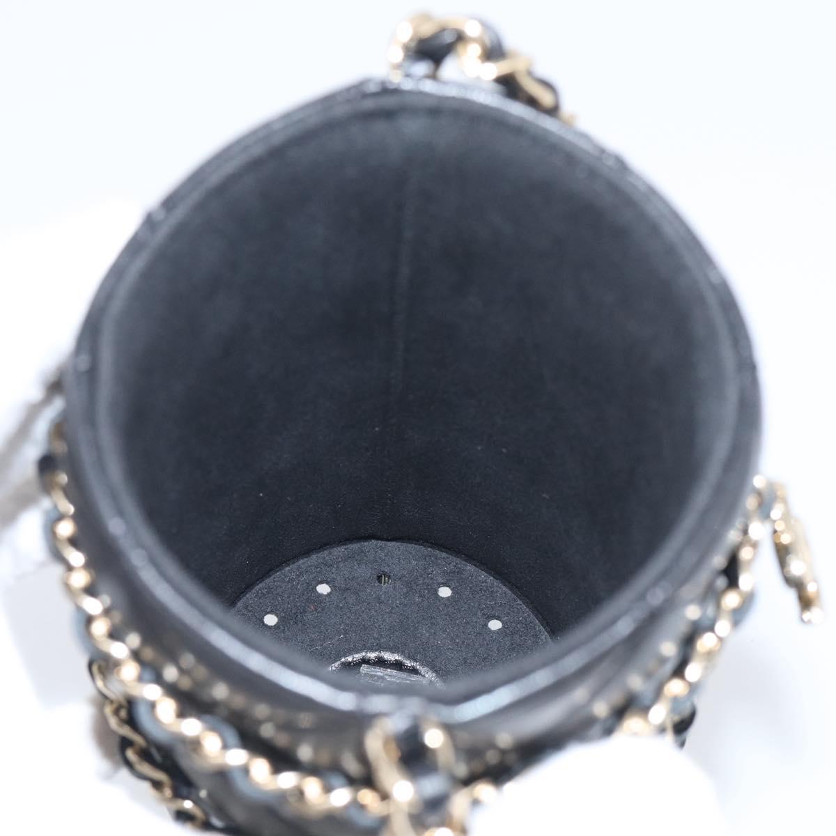 CHANEL COCO Mark Quilted Water Bottle Leather Black Gold CC Auth 212714SM