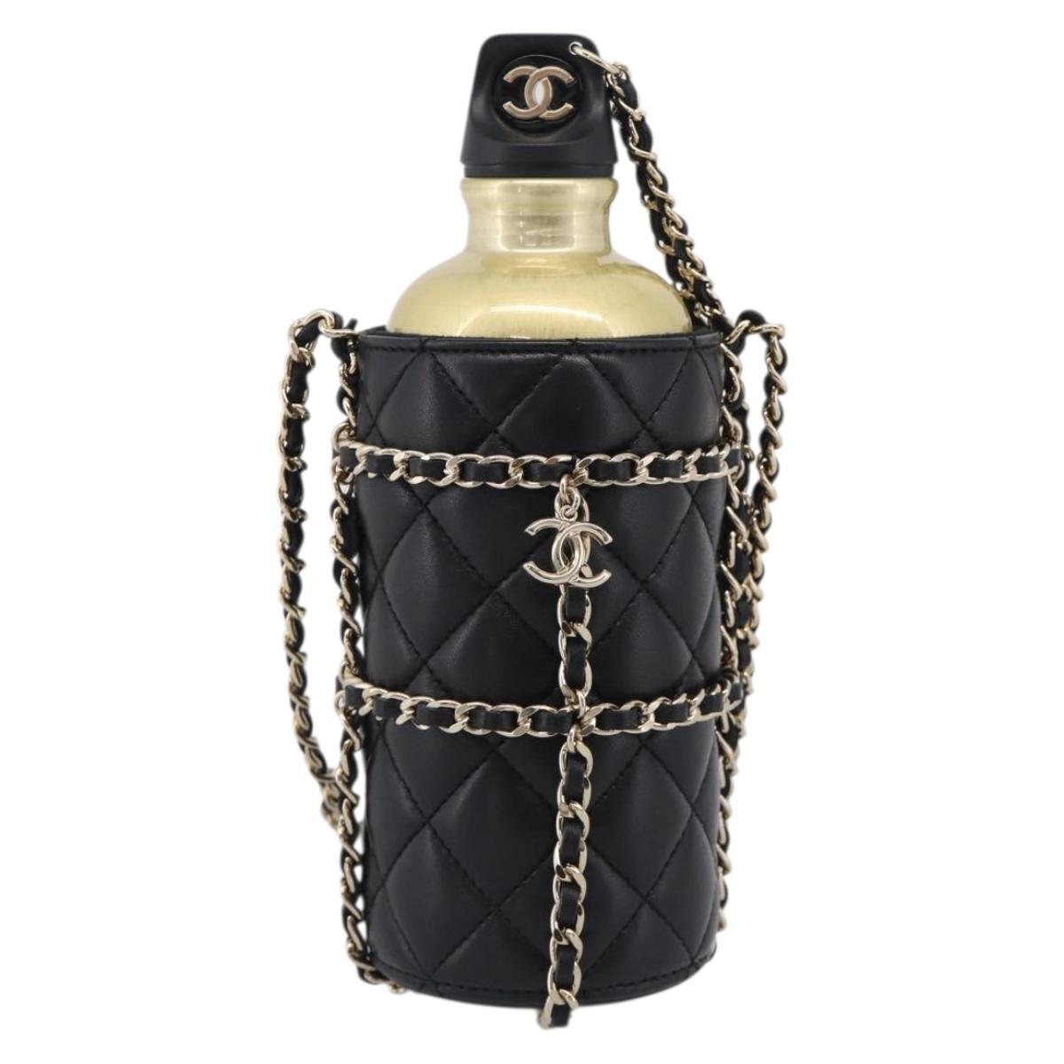 CHANEL COCO Mark Quilted Water Bottle Leather Black Gold CC Auth 212714SM