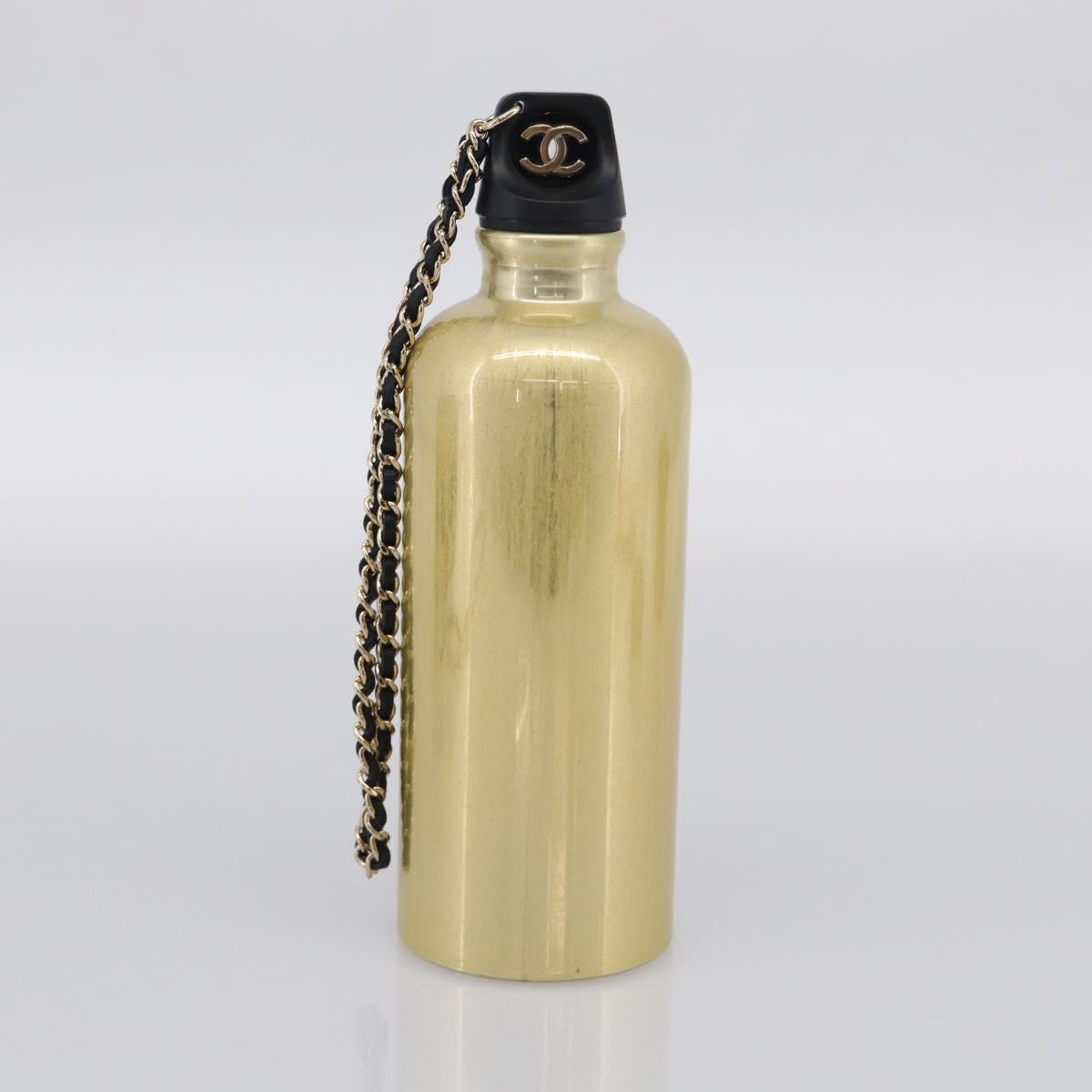 CHANEL COCO Mark Quilted Water Bottle Leather Black Gold CC Auth 212714SM