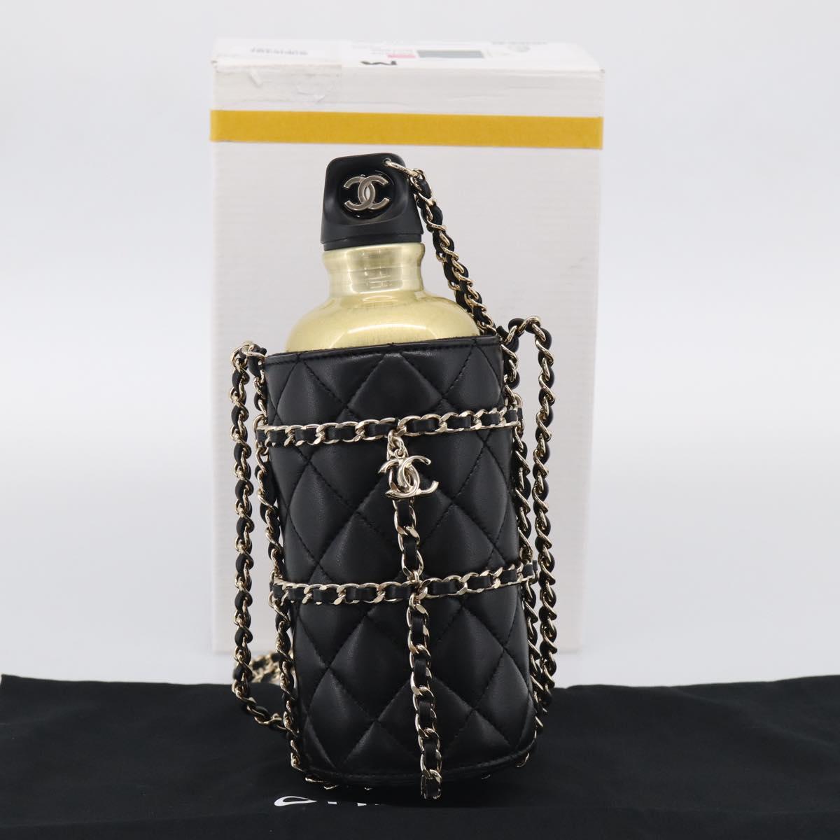 CHANEL COCO Mark Quilted Water Bottle Leather Black Gold CC Auth 212714SM
