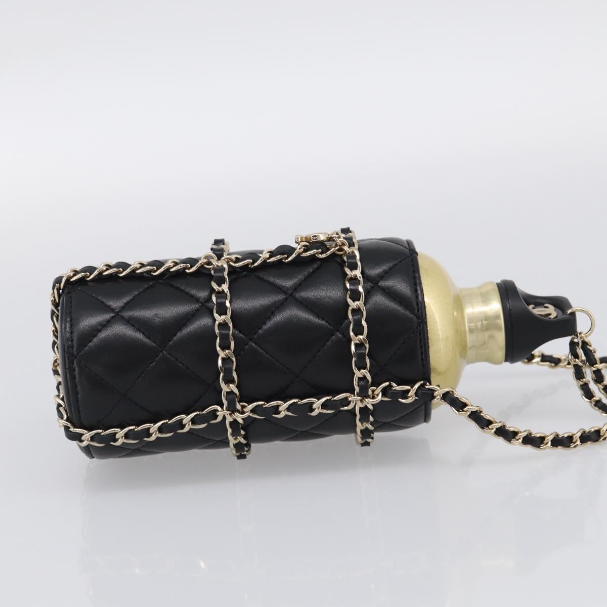 CHANEL COCO Mark Quilted Water Bottle Leather Black Gold CC Auth 212714SM