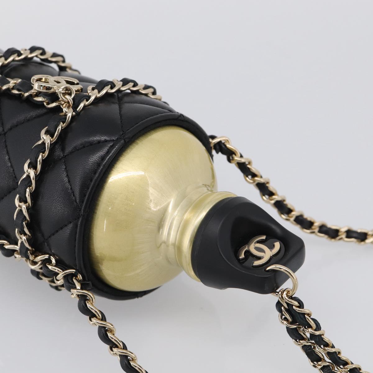 CHANEL COCO Mark Quilted Water Bottle Leather Black Gold CC Auth 212714SM