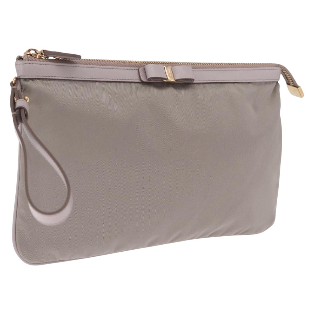 Salvatore Ferragamo Pouch Nylon Gray Gold Auth 212741A