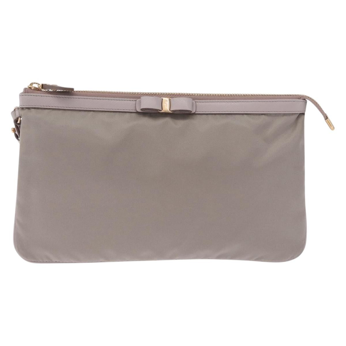 Salvatore Ferragamo Pouch Nylon Gray Gold Auth 212741A