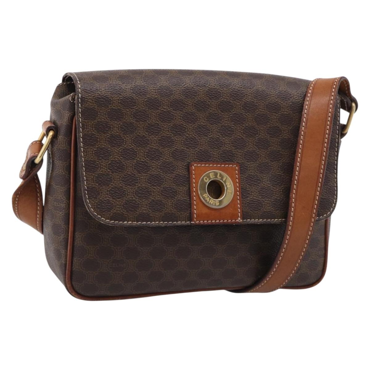 CELINE Macadam Canvas Shoulder Bag PVC Leather Brown Gold Auth 212935