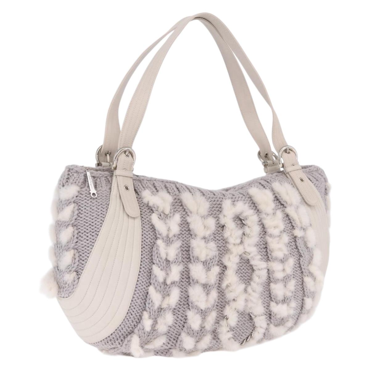 Salvatore Ferragamo Shoulder Bag Wool Knitted Fabrics Gray Silver Auth 212936V