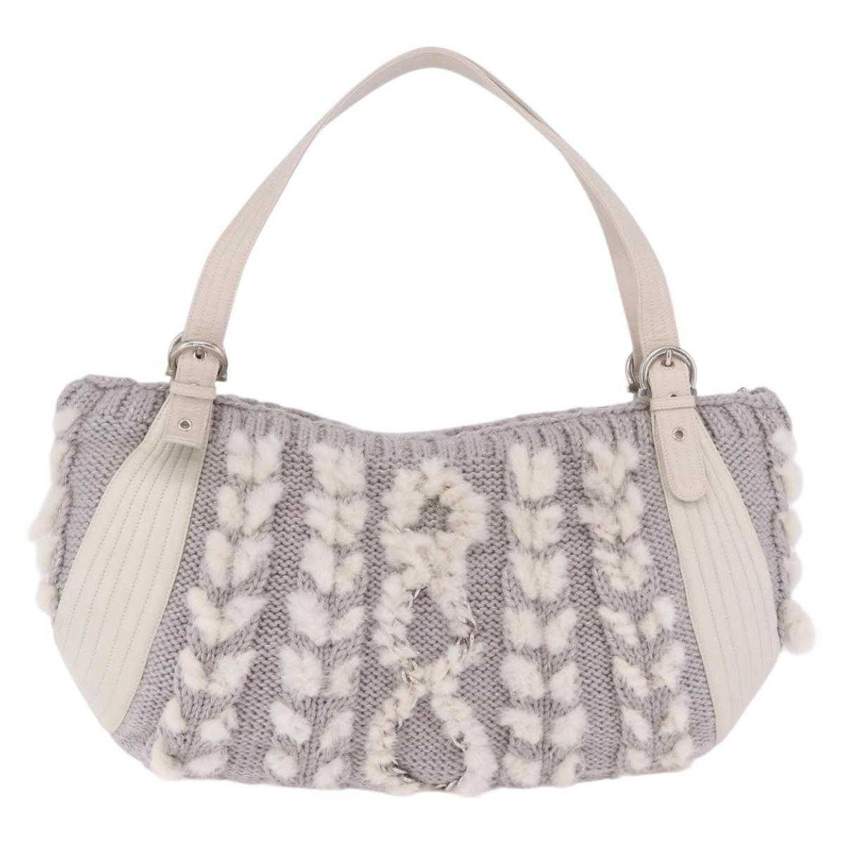 Salvatore Ferragamo Shoulder Bag Wool Knitted Fabrics Gray Silver Auth 212936V