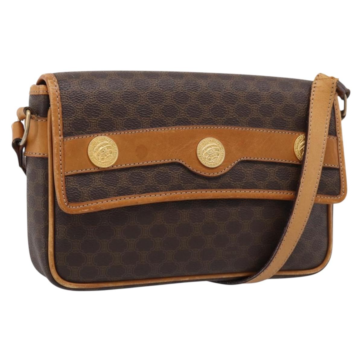 CELINE Macadam Canvas Shoulder Bag PVC Leather Brown Gold Auth 212943