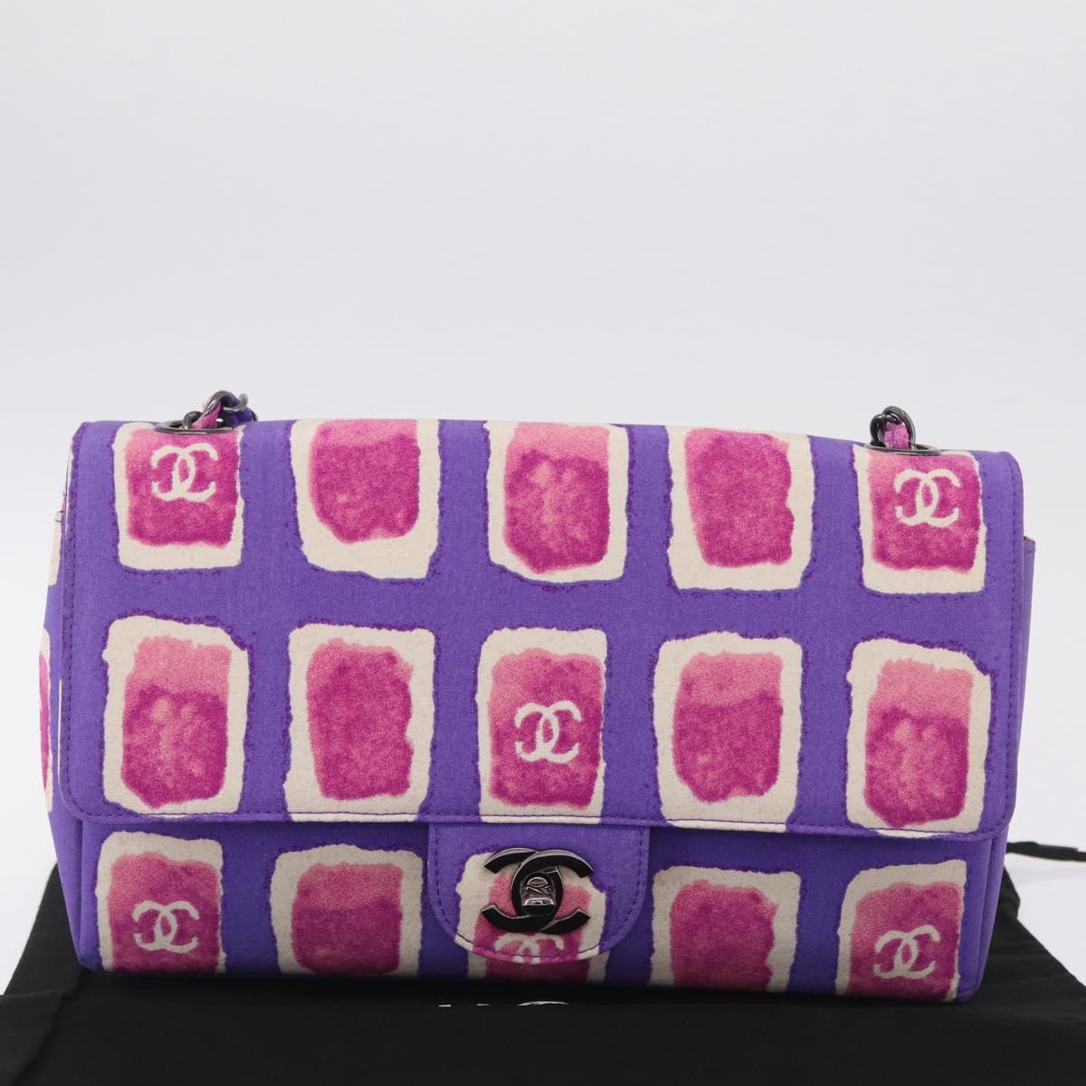 CHANEL Chain Shoulder Bag Satin Purple Gold CC Auth 212945SM