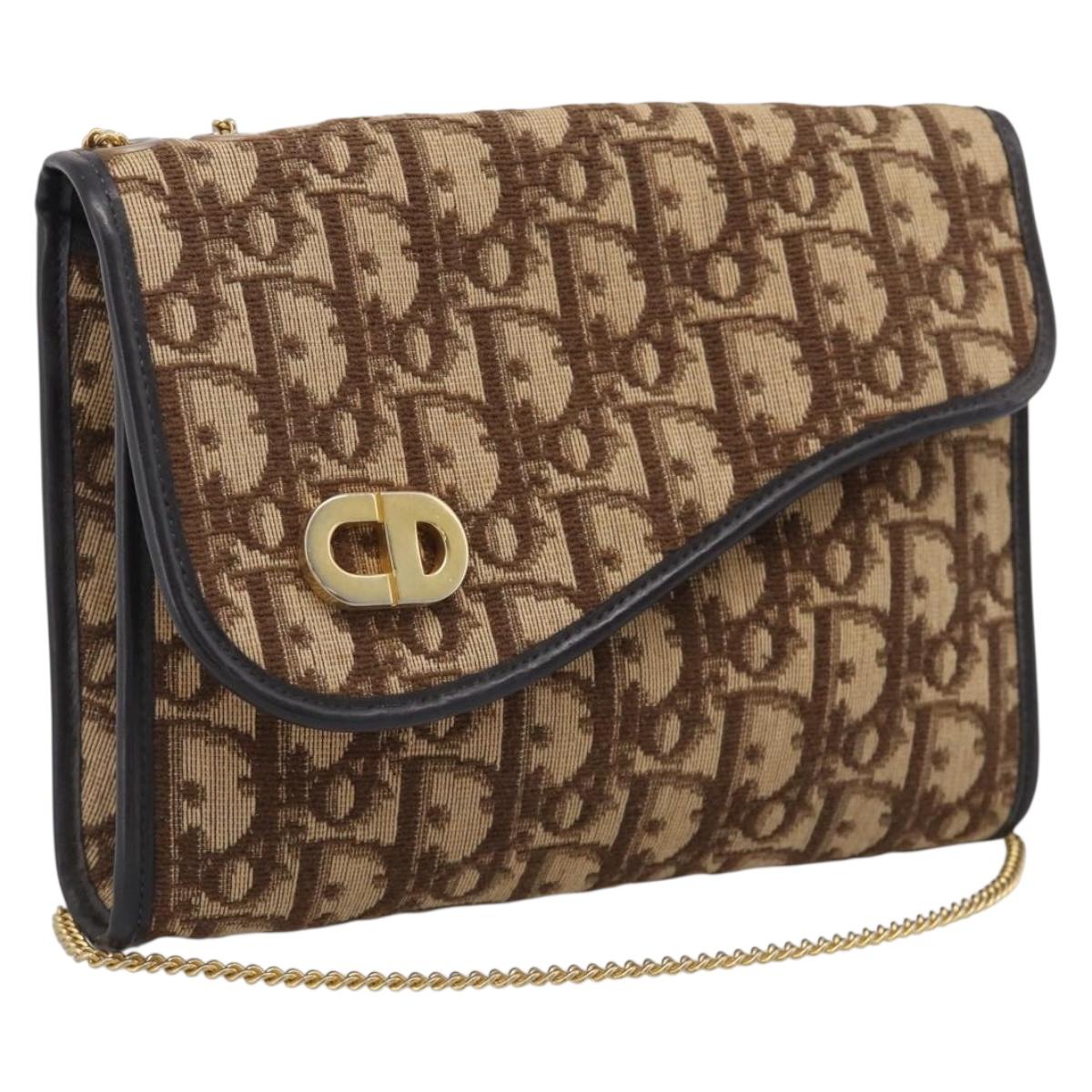 Christian Dior Trotter Canvas Chain Shoulder Bag Brown Gold Auth 212948