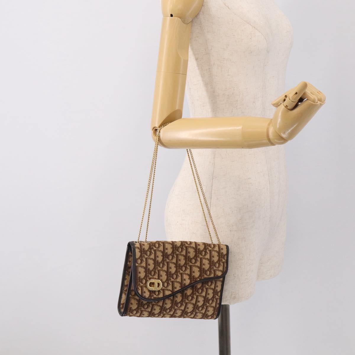 Christian Dior Trotter Canvas Chain Shoulder Bag Brown Gold Auth 212948
