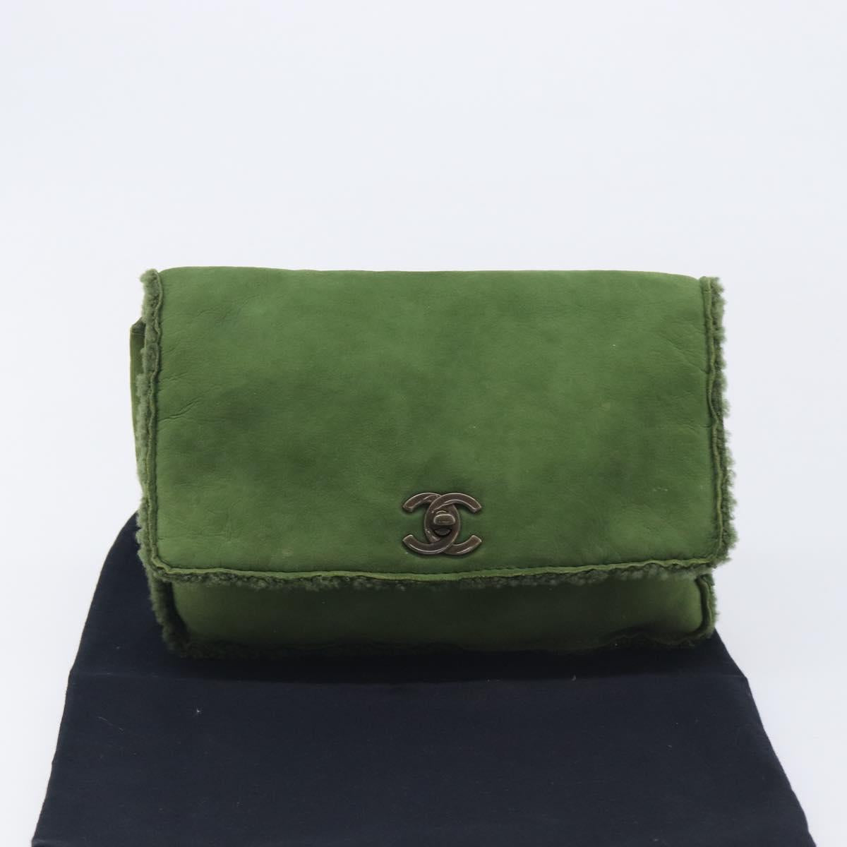 CHANEL Clutch Bag Mouton Green Silver CC Auth 212954V