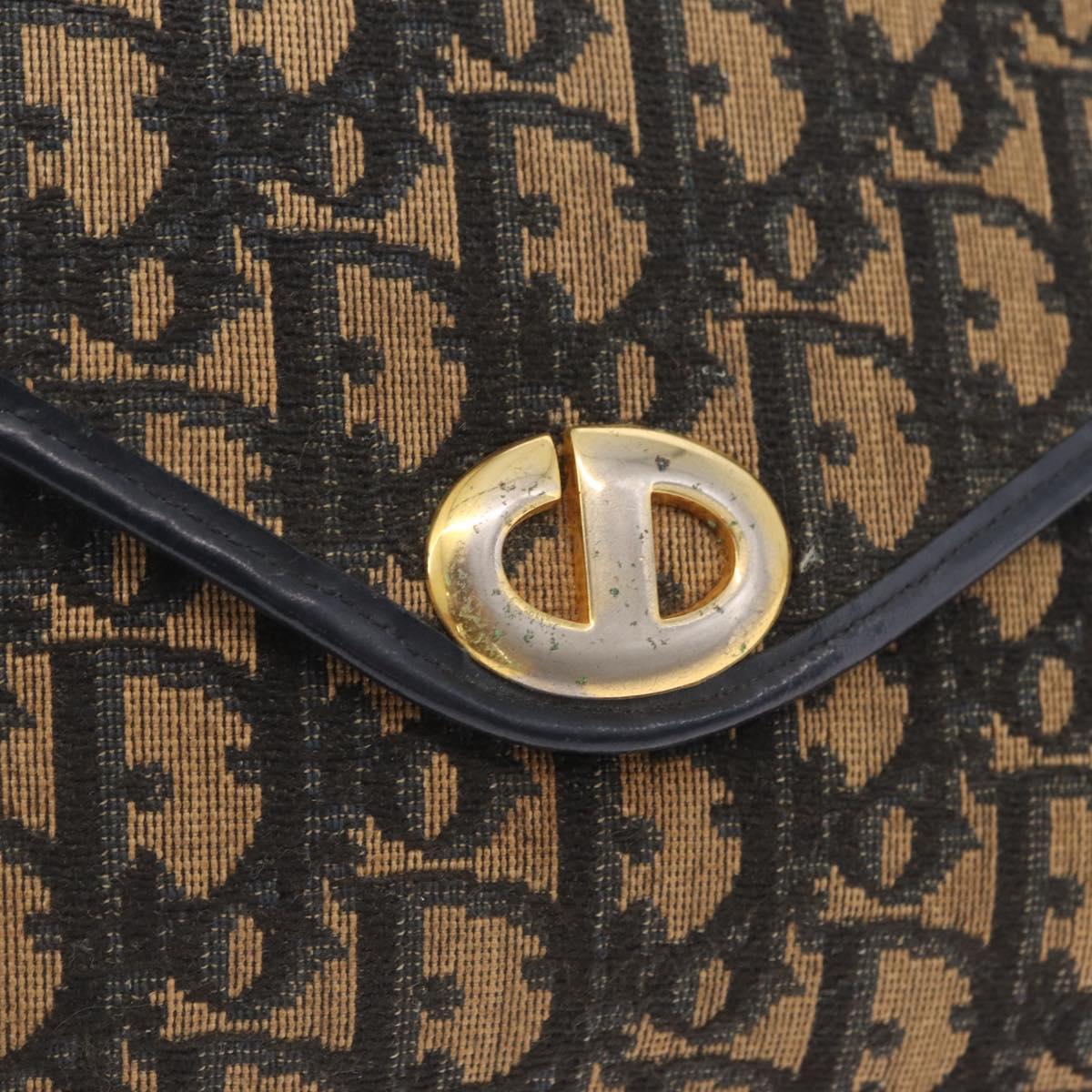 Christian Dior Trotter Canvas Clutch Bag Navy Gold Auth 213001