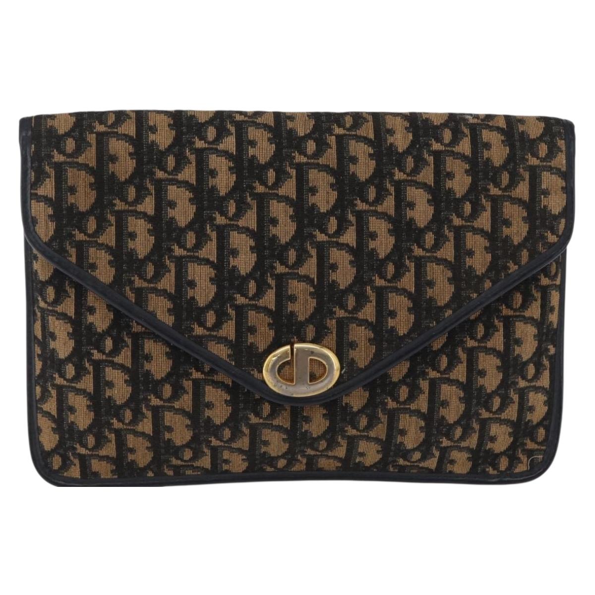 Christian Dior Trotter Canvas Clutch Bag Navy Gold Auth 213001