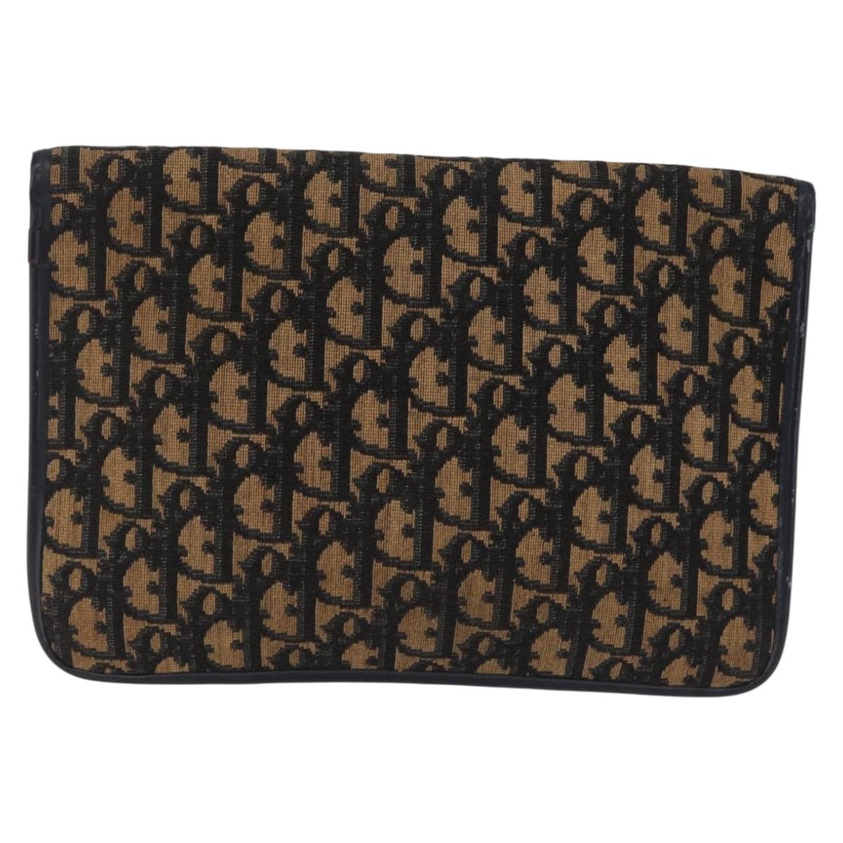 Christian Dior Trotter Canvas Clutch Bag Navy Gold Auth 213001