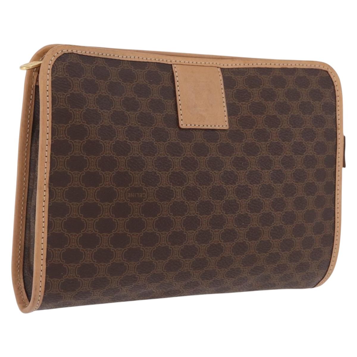 CELINE Macadam Canvas Clutch Bag PVC Leather Brown Gold Auth 213004A