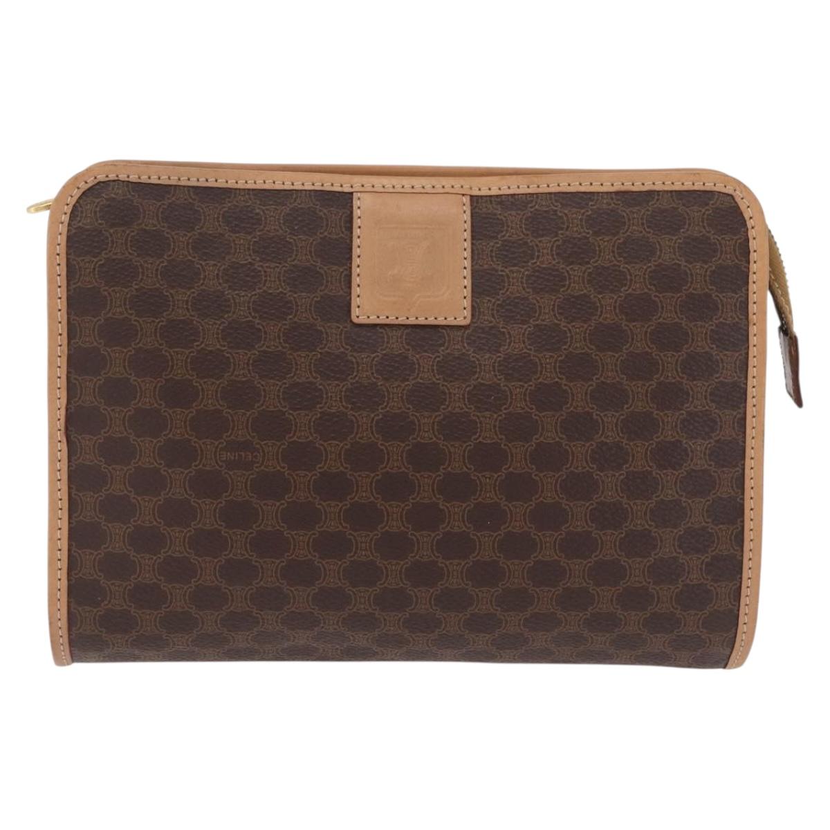 CELINE Macadam Canvas Clutch Bag PVC Leather Brown Gold Auth 213004A