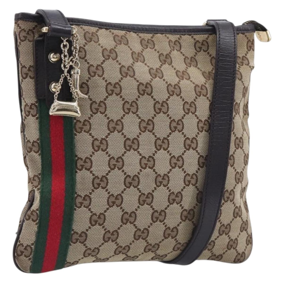 GUCCI GG Canvas Web Sherry Line Shoulder Bag Beige Gold 144388 Auth 213011A